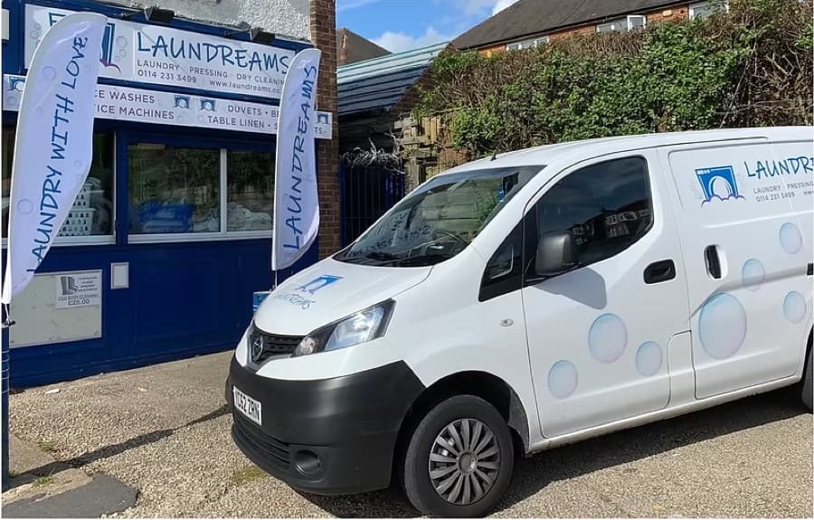 Laundreams shop front and delivery van on Fox Hill Road Sheffield